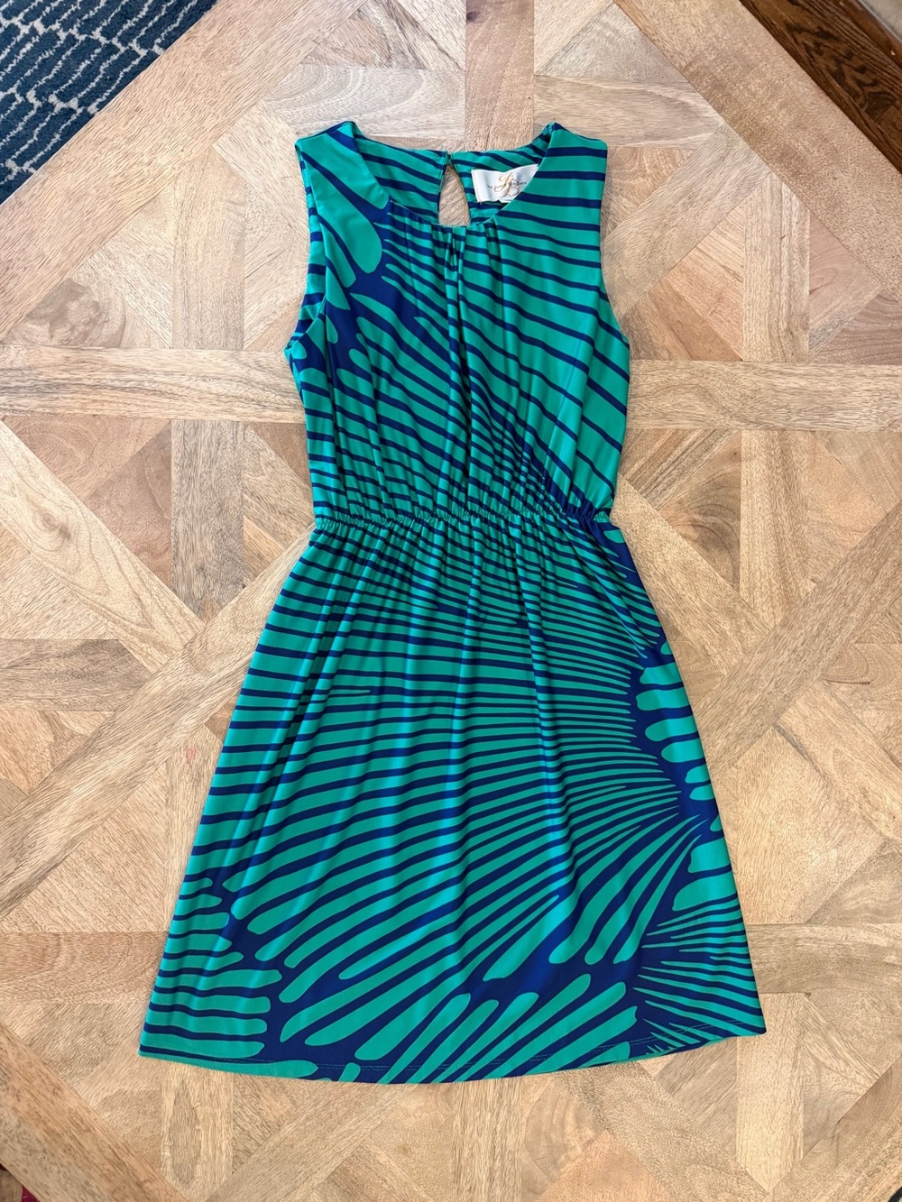 Sleeveless Teal & Royal Blue Striped Knee Length Fit-and-Flare Jersey Dress